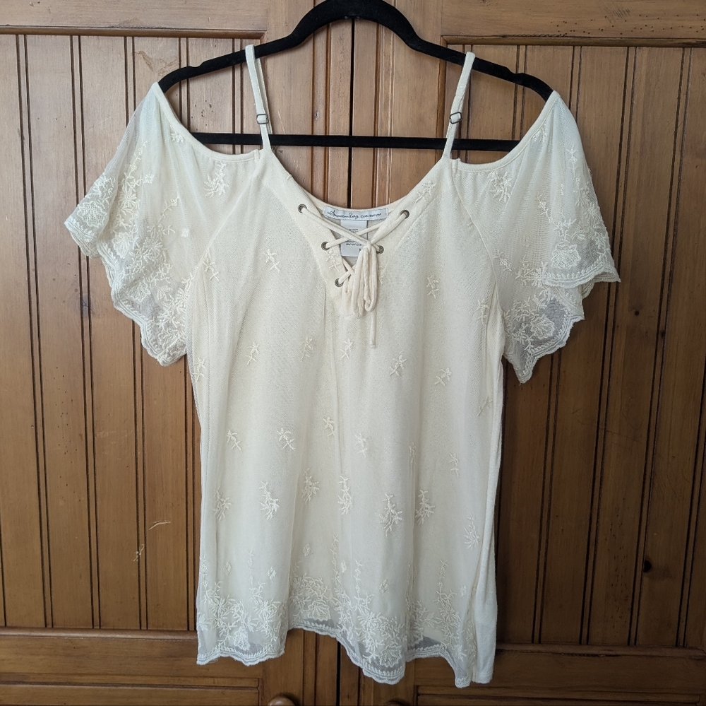 American Rag women's lace top with cutout shoulders lace shirt